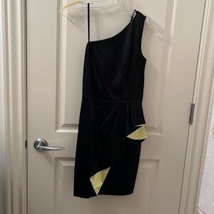 JILL STUART. Size 2 beautiful black satin one shoulder dress with green detail